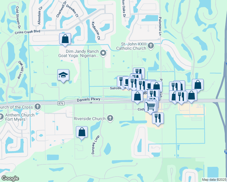 map of restaurants, bars, coffee shops, grocery stores, and more near 8860 Salrose Lane in Fort Myers