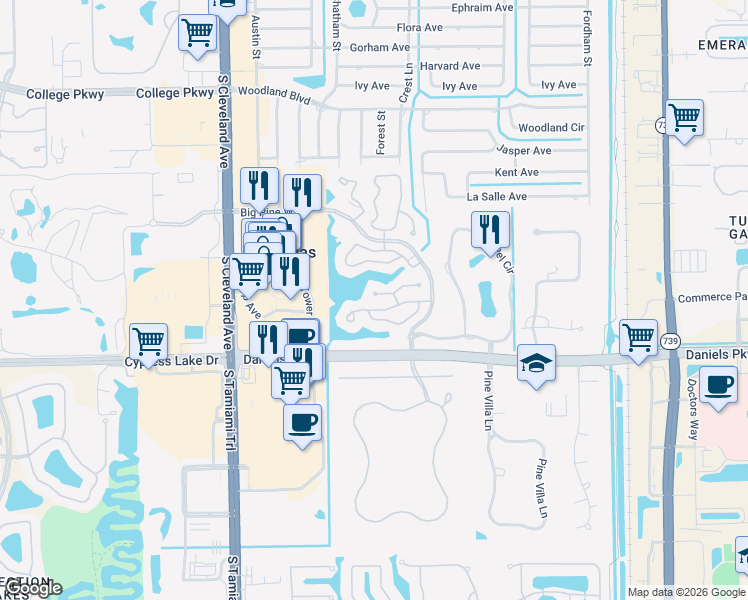 map of restaurants, bars, coffee shops, grocery stores, and more near 5434 Ashton Circle in Fort Myers