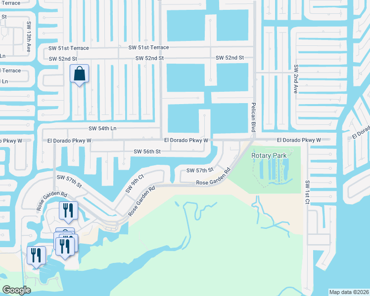 map of restaurants, bars, coffee shops, grocery stores, and more near 627 Southwest 56th Street in Cape Coral
