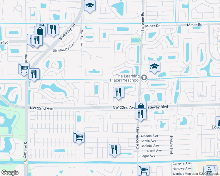 map of restaurants, bars, coffee shops, grocery stores, and more near 57 Sausalito Drive in Boynton Beach