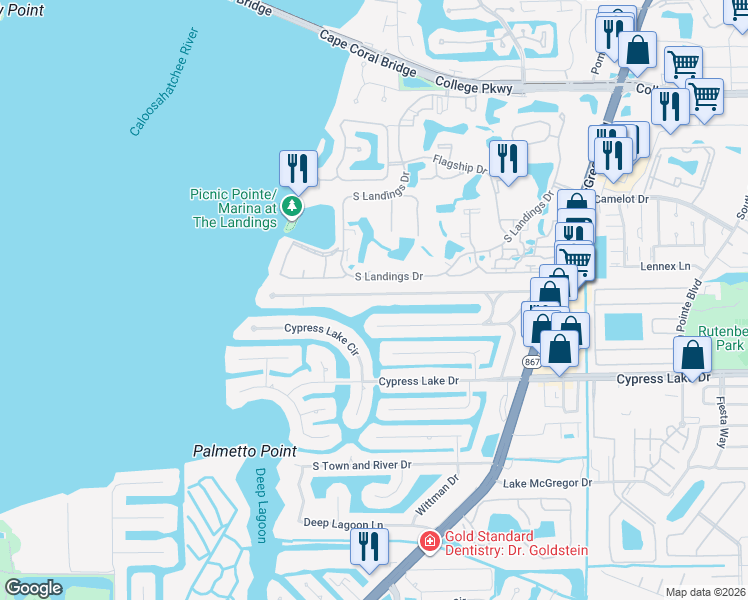 map of restaurants, bars, coffee shops, grocery stores, and more near 928 North Town and River Drive in Fort Myers