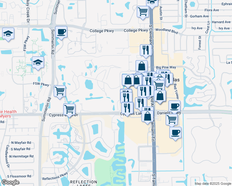 map of restaurants, bars, coffee shops, grocery stores, and more near 1747 Pebble Beach Drive in Fort Myers