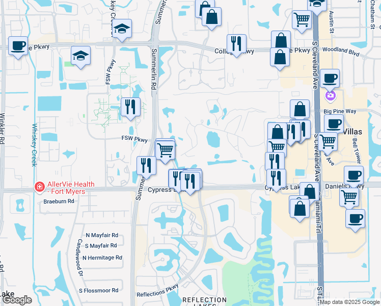 map of restaurants, bars, coffee shops, grocery stores, and more near Medinah Circle East in Fort Myers
