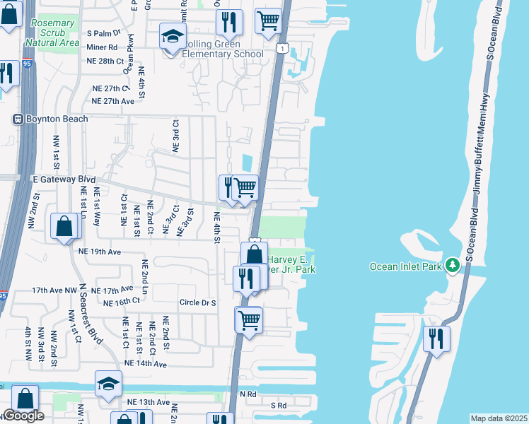 map of restaurants, bars, coffee shops, grocery stores, and more near 107 Harbors Way in Boynton Beach