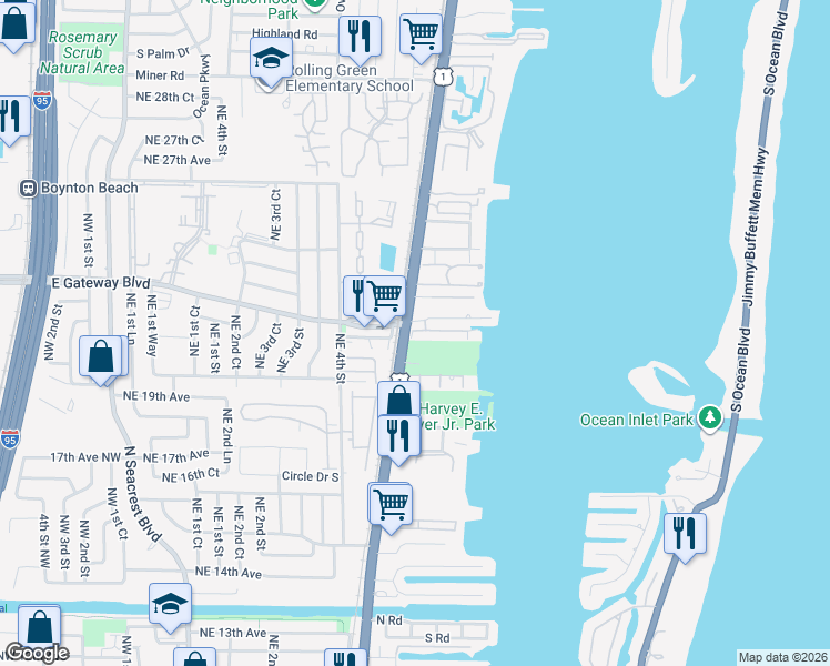 map of restaurants, bars, coffee shops, grocery stores, and more near 107 Harbors Way in Boynton Beach