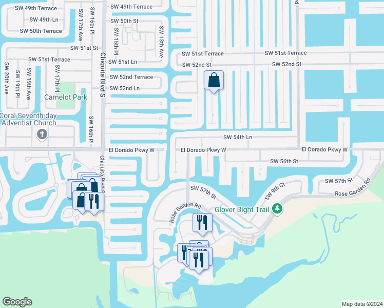 map of restaurants, bars, coffee shops, grocery stores, and more near 1204 El Dorado Parkway West in Cape Coral
