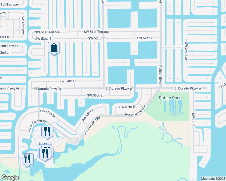 map of restaurants, bars, coffee shops, grocery stores, and more near 627 Southwest 56th Street in Cape Coral