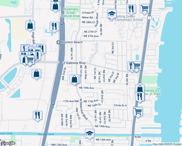 map of restaurants, bars, coffee shops, grocery stores, and more near 2152 Northeast 1st Way in Boynton Beach