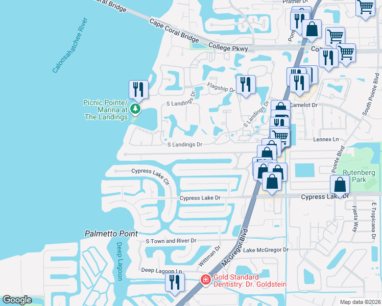 map of restaurants, bars, coffee shops, grocery stores, and more near 984 North Town and River Drive in Fort Myers