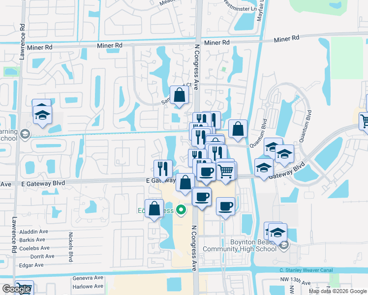 map of restaurants, bars, coffee shops, grocery stores, and more near 2305 North Congress Avenue in Boynton Beach