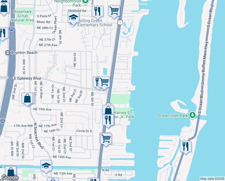 map of restaurants, bars, coffee shops, grocery stores, and more near 122 Harbors Way in Boynton Beach