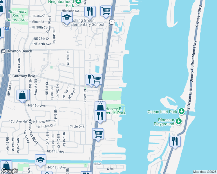 map of restaurants, bars, coffee shops, grocery stores, and more near 122 Harbors Way in Boynton Beach