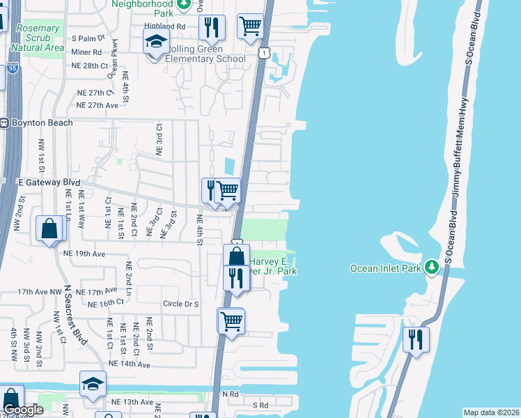 map of restaurants, bars, coffee shops, grocery stores, and more near 632 Las Palmas Park in Boynton Beach