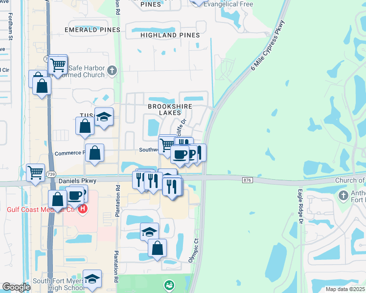 map of restaurants, bars, coffee shops, grocery stores, and more near 13451 Brookshire Lake Boulevard in Fort Myers