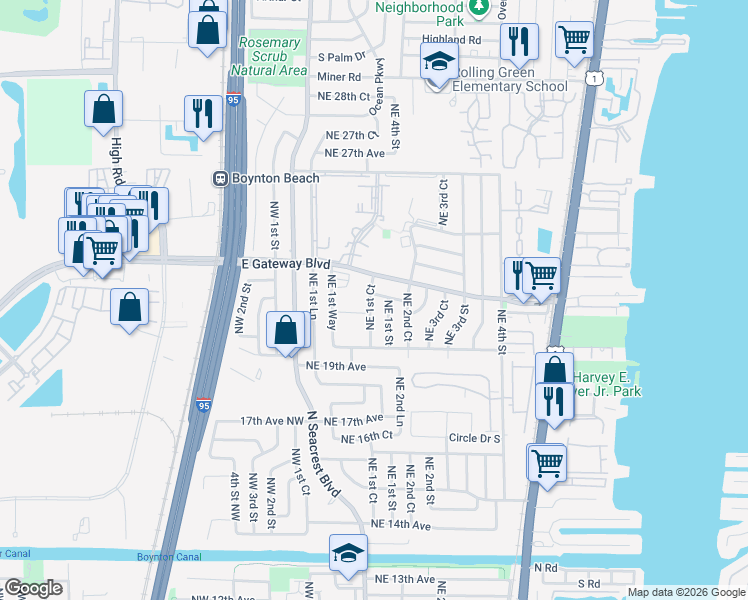 map of restaurants, bars, coffee shops, grocery stores, and more near 2134 Northeast 1st Court in Boynton Beach