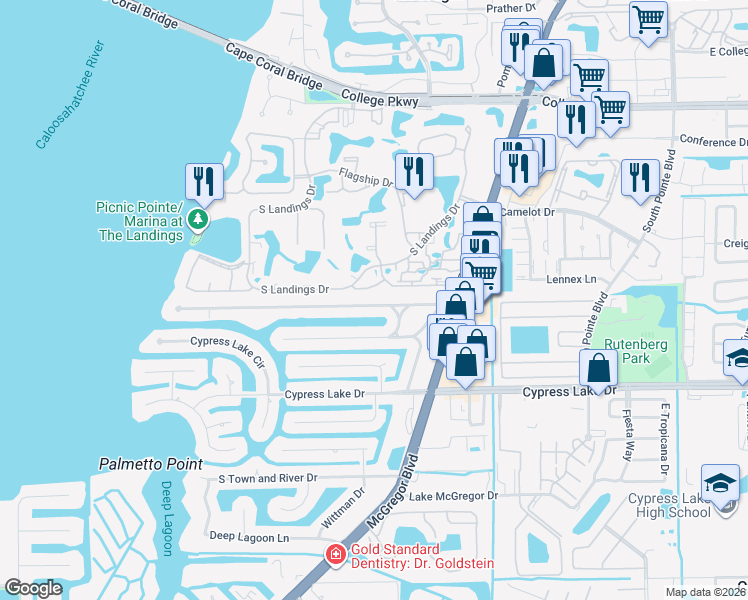 map of restaurants, bars, coffee shops, grocery stores, and more near 1049 North Town and River Drive in Fort Myers