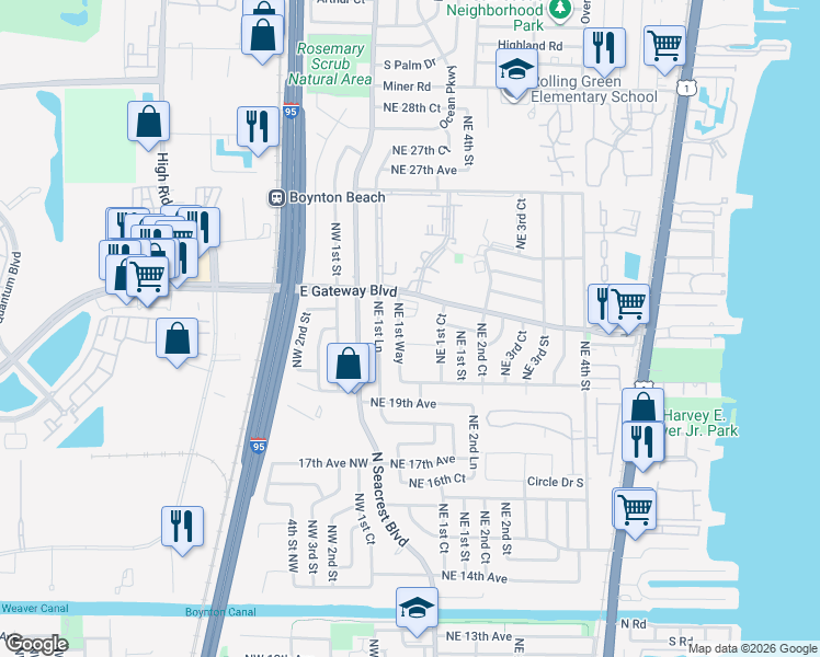 map of restaurants, bars, coffee shops, grocery stores, and more near 2152 Northeast 1st Way in Boynton Beach