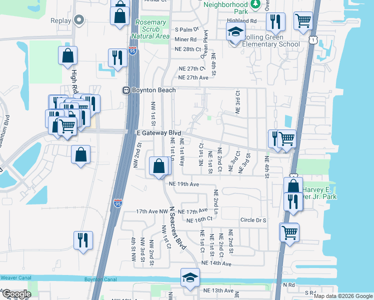 map of restaurants, bars, coffee shops, grocery stores, and more near 2212 Northeast 1st Way in Boynton Beach