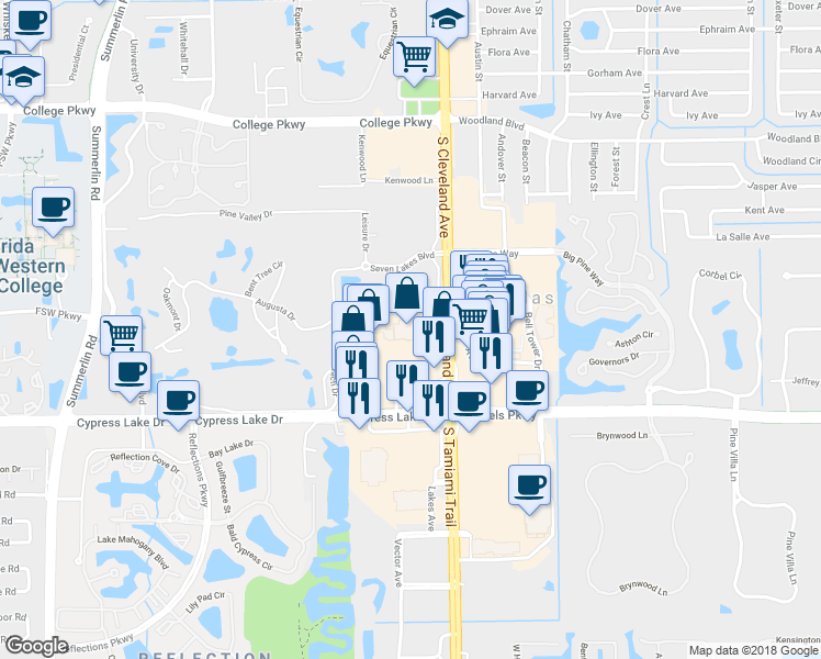 map of restaurants, bars, coffee shops, grocery stores, and more near 13300 Cypress Lake Drive in Fort Myers