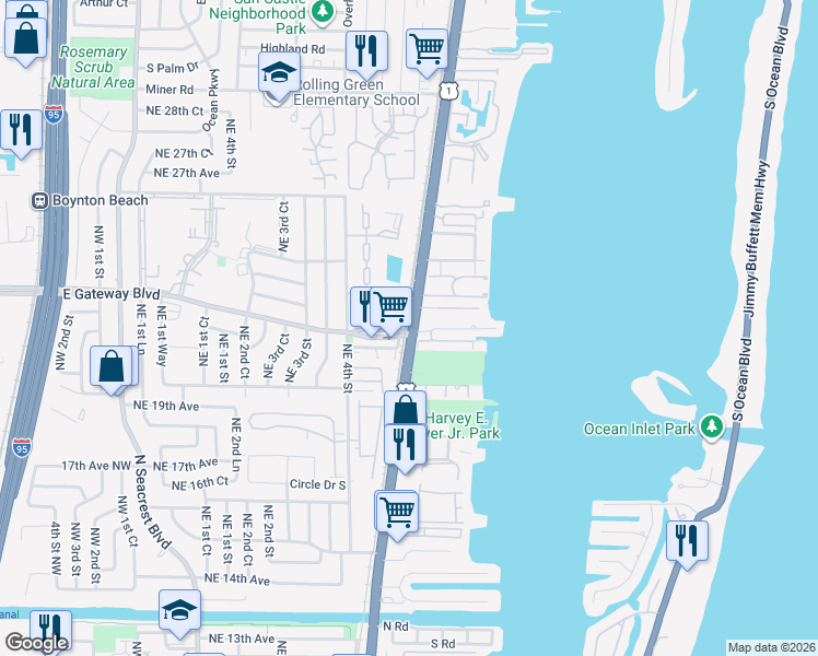 map of restaurants, bars, coffee shops, grocery stores, and more near 2309 South Federal Highway in Boynton Beach