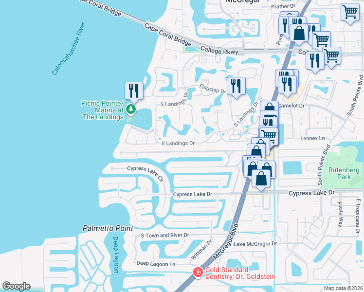 map of restaurants, bars, coffee shops, grocery stores, and more near 4635 South Landings Drive in Fort Myers