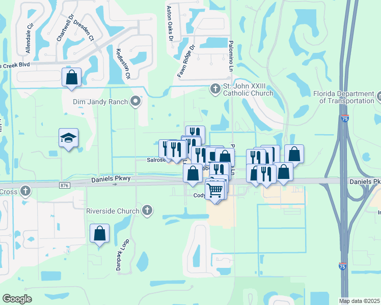 map of restaurants, bars, coffee shops, grocery stores, and more near 13301-13367 Apaloosa Ln in Fort Myers