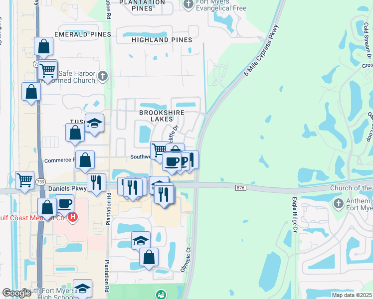 map of restaurants, bars, coffee shops, grocery stores, and more near 903 Whitehaven Lane in Fort Myers