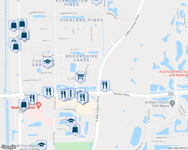 map of restaurants, bars, coffee shops, grocery stores, and more near 903 Whitehaven Lane in Fort Myers