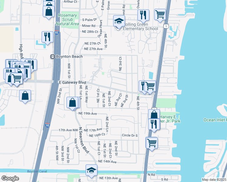 map of restaurants, bars, coffee shops, grocery stores, and more near 233 East Gateway Boulevard in Boynton Beach
