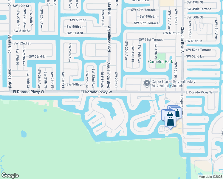 map of restaurants, bars, coffee shops, grocery stores, and more near 5423 Agualinda Boulevard in Cape Coral