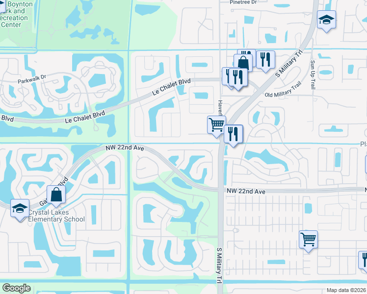 map of restaurants, bars, coffee shops, grocery stores, and more near 5197 Rosen Boulevard in Boynton Beach