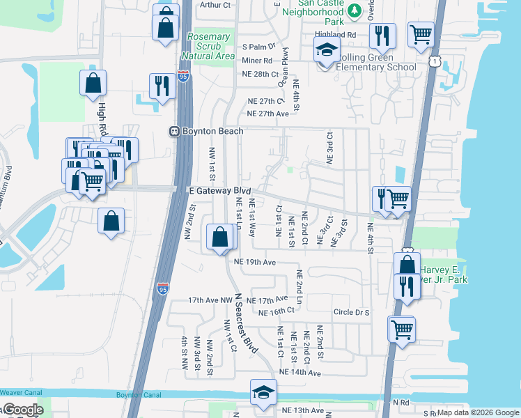 map of restaurants, bars, coffee shops, grocery stores, and more near 18 Northeast 1st Way in Boynton Beach