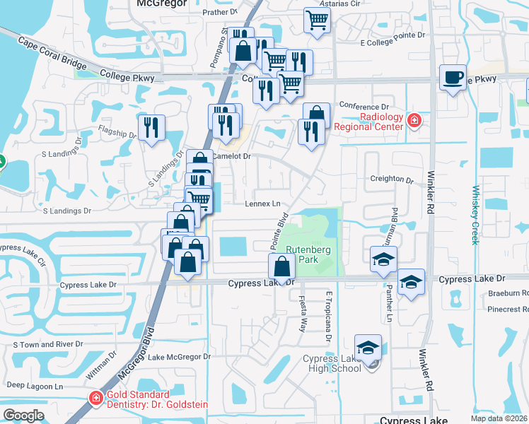 map of restaurants, bars, coffee shops, grocery stores, and more near 9320 Lennex Lane in Fort Myers