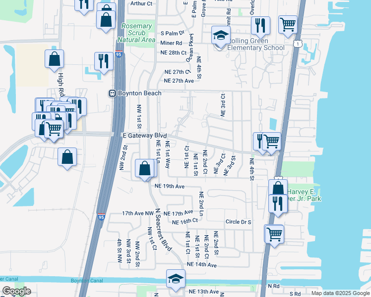 map of restaurants, bars, coffee shops, grocery stores, and more near 202 Gateway Boulevard in Boynton Beach