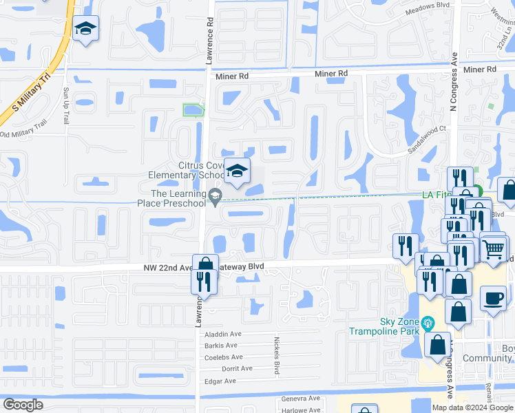 map of restaurants, bars, coffee shops, grocery stores, and more near 13 Lawrence Lake Drive in Boynton Beach