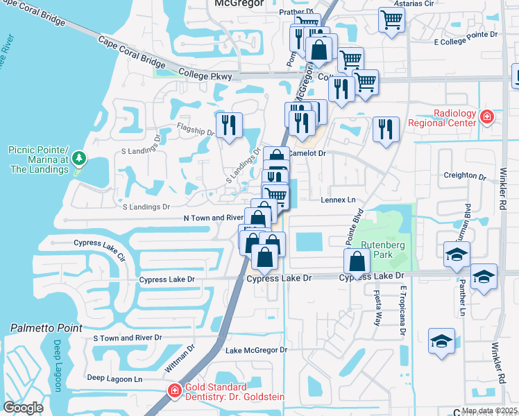 map of restaurants, bars, coffee shops, grocery stores, and more near 4397 East Mainmast Court in Fort Myers