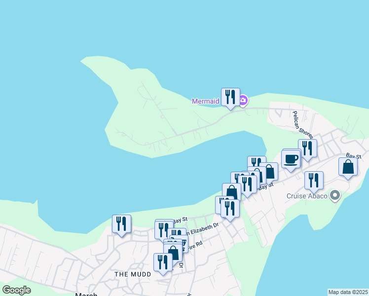 map of restaurants, bars, coffee shops, grocery stores, and more near Pelican Shores Road in Marsh Harbour