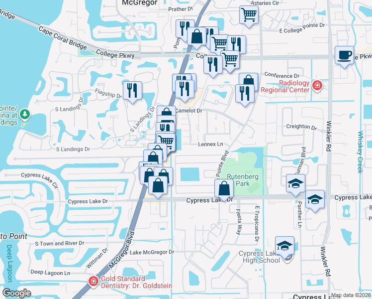 map of restaurants, bars, coffee shops, grocery stores, and more near 9409 Lennex Lane in Fort Myers