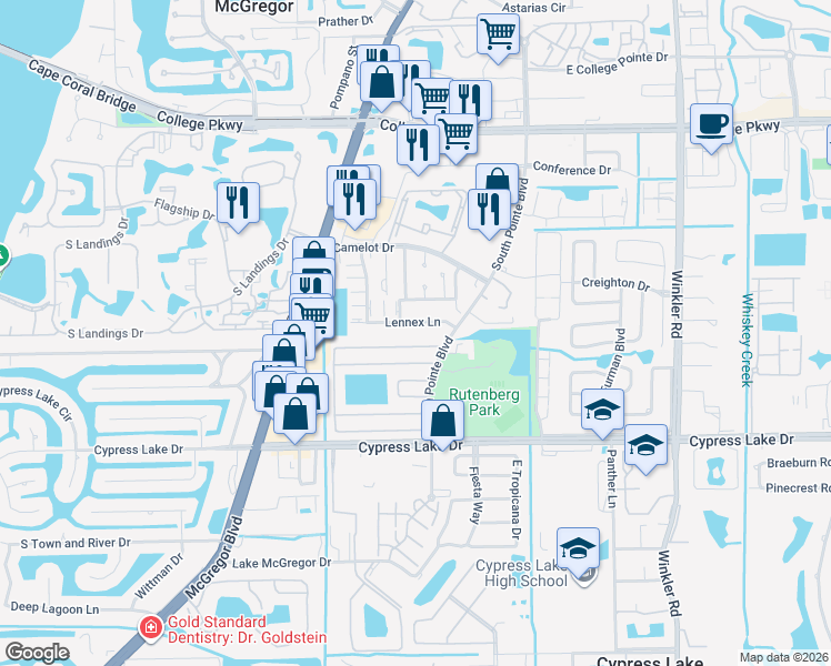 map of restaurants, bars, coffee shops, grocery stores, and more near 9320 Lennex Lane in Fort Myers