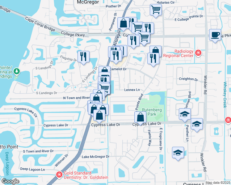 map of restaurants, bars, coffee shops, grocery stores, and more near 9409 Lennex Lane in Fort Myers