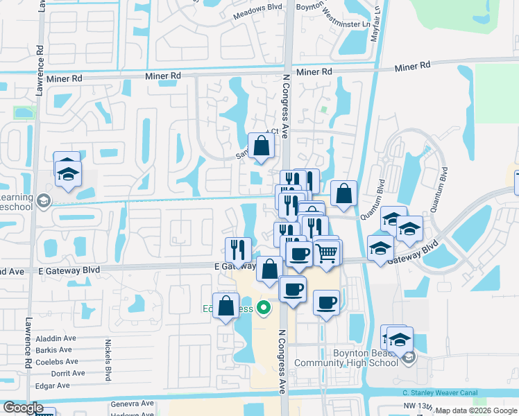 map of restaurants, bars, coffee shops, grocery stores, and more near 9785 Pineapple Tree Drive in Boynton Beach