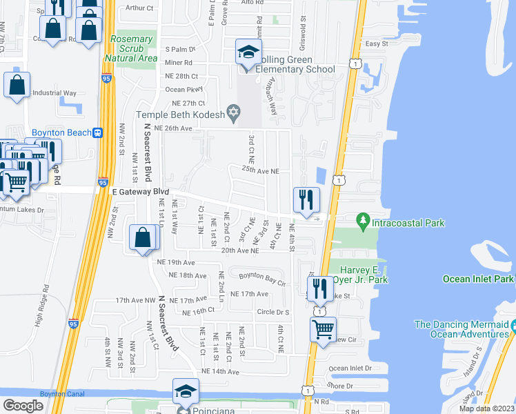 map of restaurants, bars, coffee shops, grocery stores, and more near 405 East Gateway Boulevard in Boynton Beach