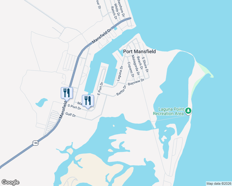 map of restaurants, bars, coffee shops, grocery stores, and more near 816 Laguna Drive in Port Mansfield