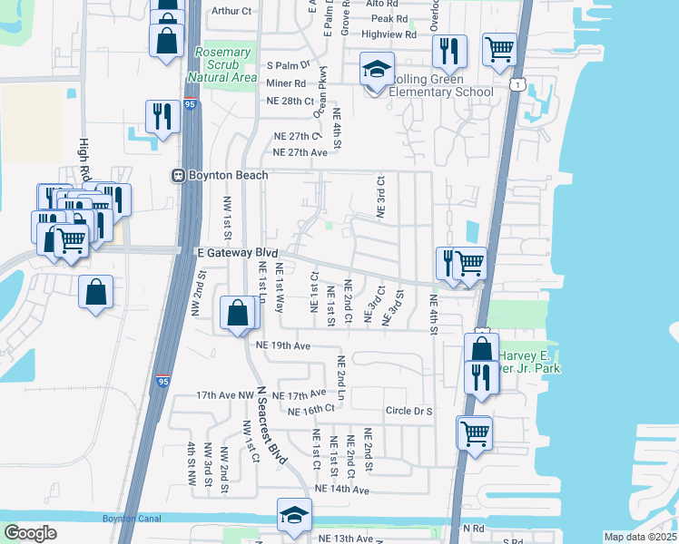 map of restaurants, bars, coffee shops, grocery stores, and more near 226 East Gateway Boulevard in Boynton Beach