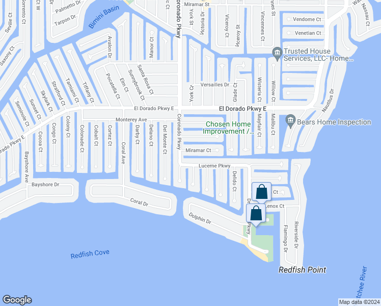 map of restaurants, bars, coffee shops, grocery stores, and more near 812 Miramar Court in Cape Coral
