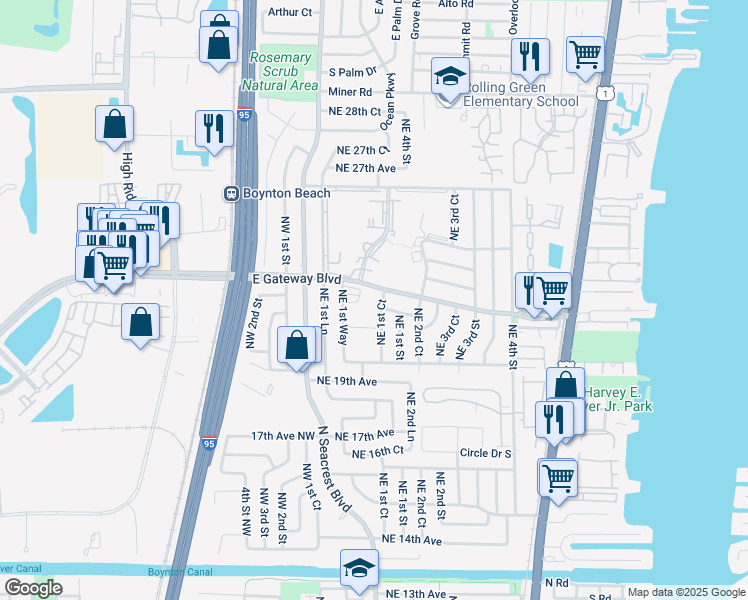 map of restaurants, bars, coffee shops, grocery stores, and more near 202 Gateway Boulevard in Boynton Beach