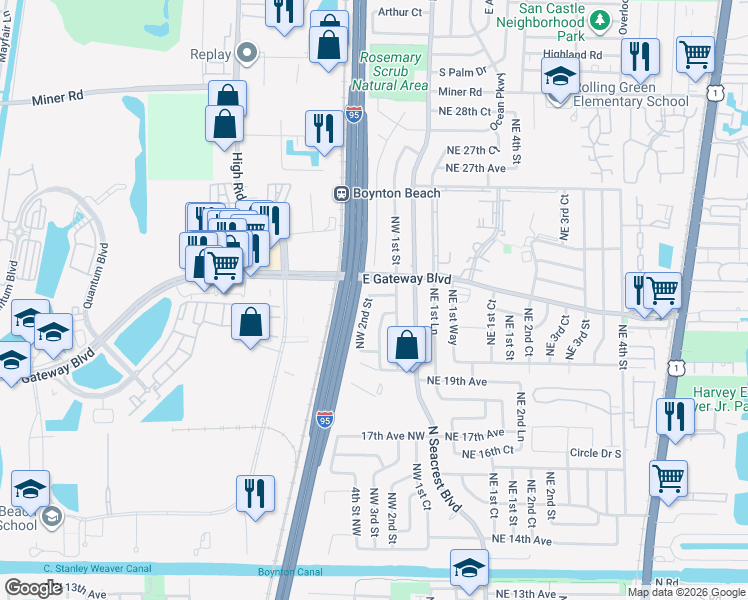 map of restaurants, bars, coffee shops, grocery stores, and more near 2171 Northwest 1st Street in Boynton Beach