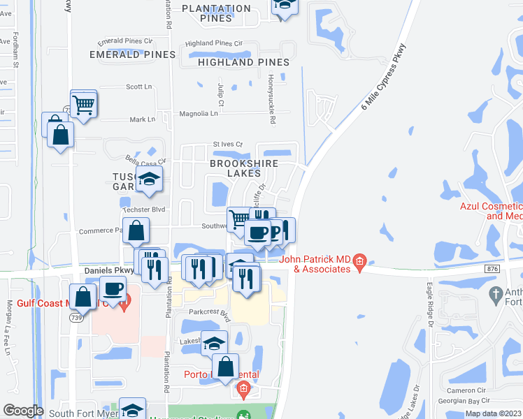 map of restaurants, bars, coffee shops, grocery stores, and more near 13226 Radcliffe Drive in Fort Myers