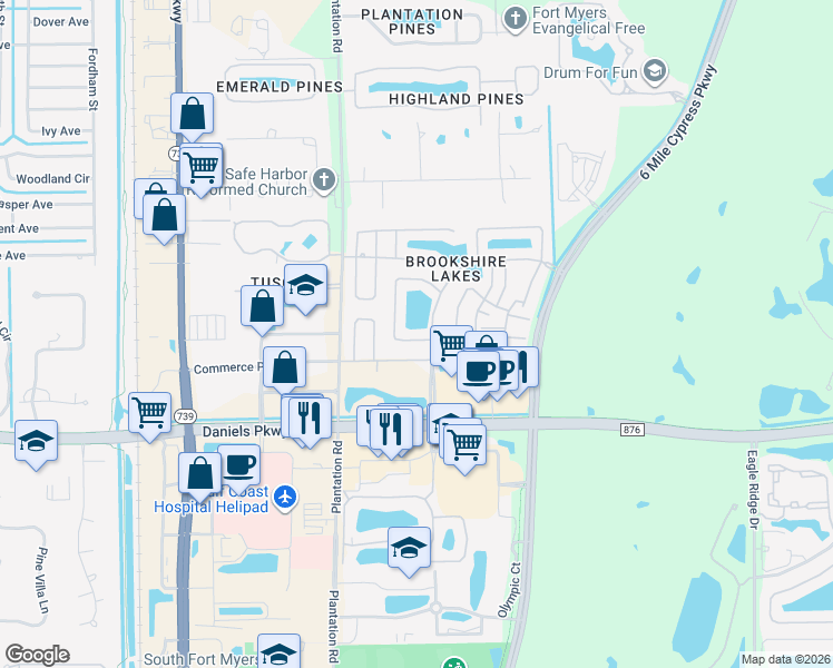 map of restaurants, bars, coffee shops, grocery stores, and more near 13239 Heather Ridge Loop in Fort Myers