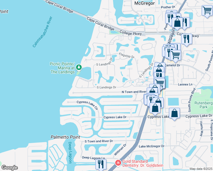 map of restaurants, bars, coffee shops, grocery stores, and more near 4705 South Landings Drive in Fort Myers